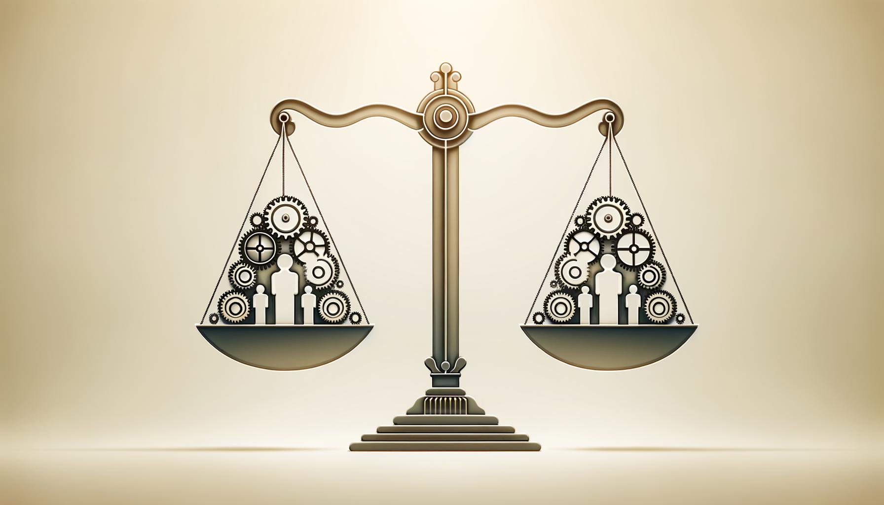 A balanced scale with gears and people on each side symbolizing the role of engineering managers
