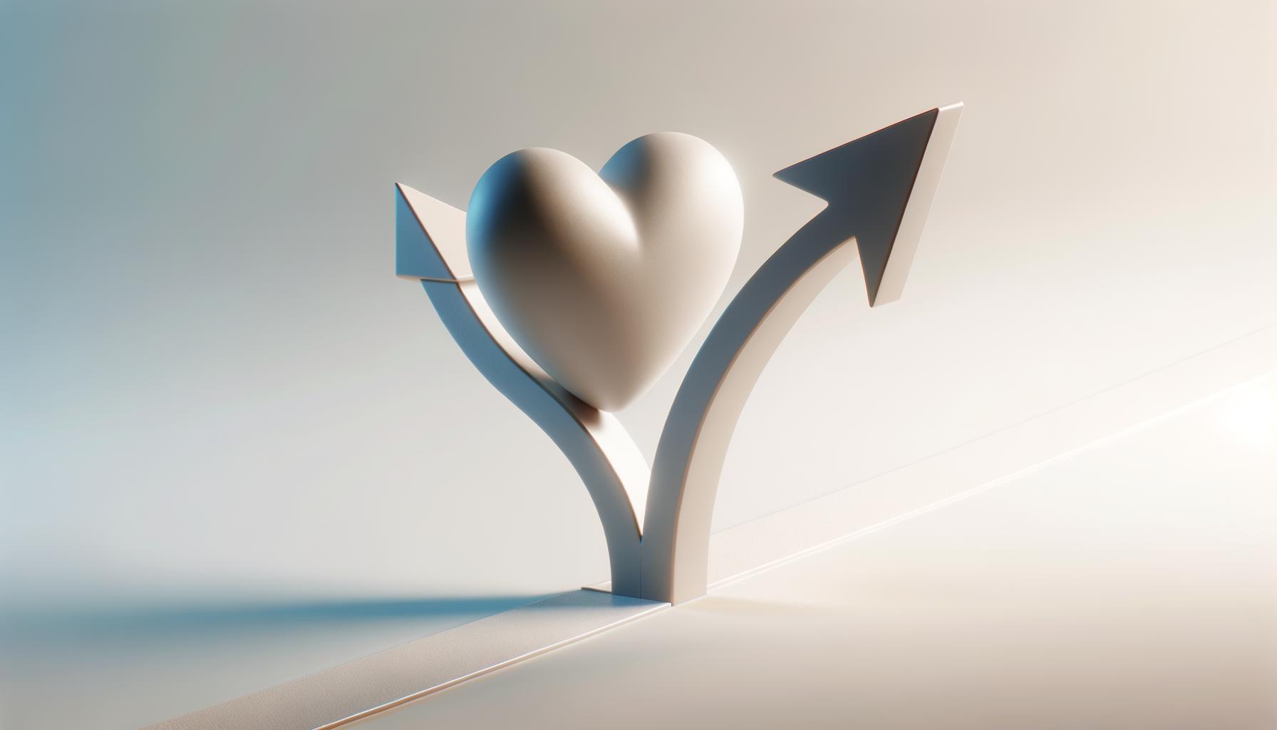 Minimalist crossroads with a heart and arrow symbolizing empathy and decisiveness in leadership
