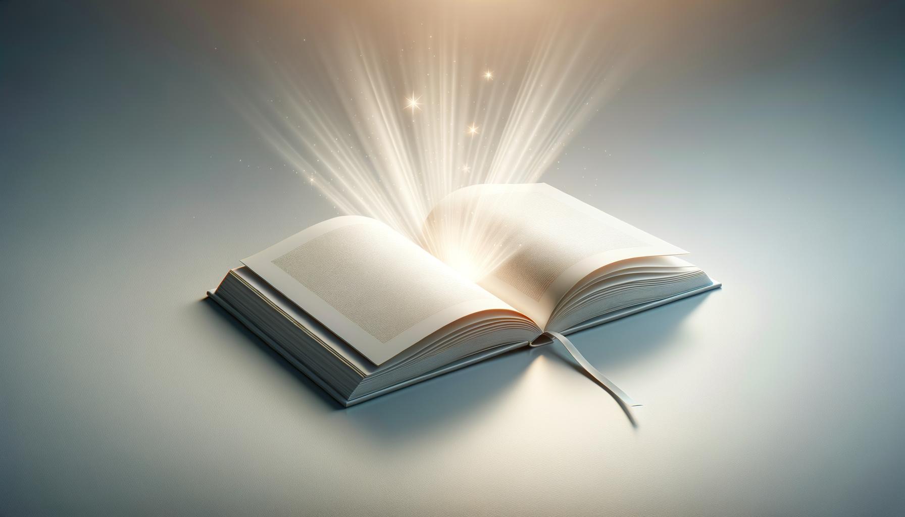 Minimalist illustration of an open book glowing with light on a soft gradient background