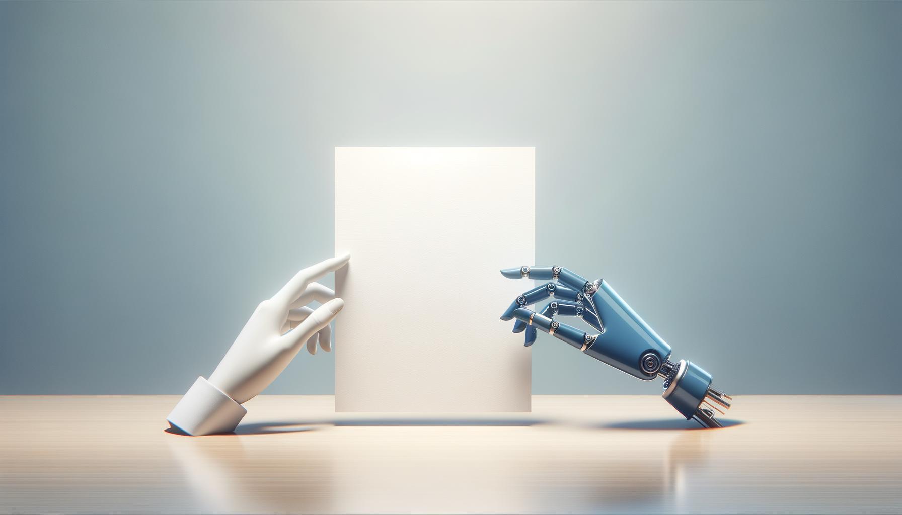 Minimalist illustration of a human hand and a robotic hand reaching toward a shared sheet of paper on a light gradient background