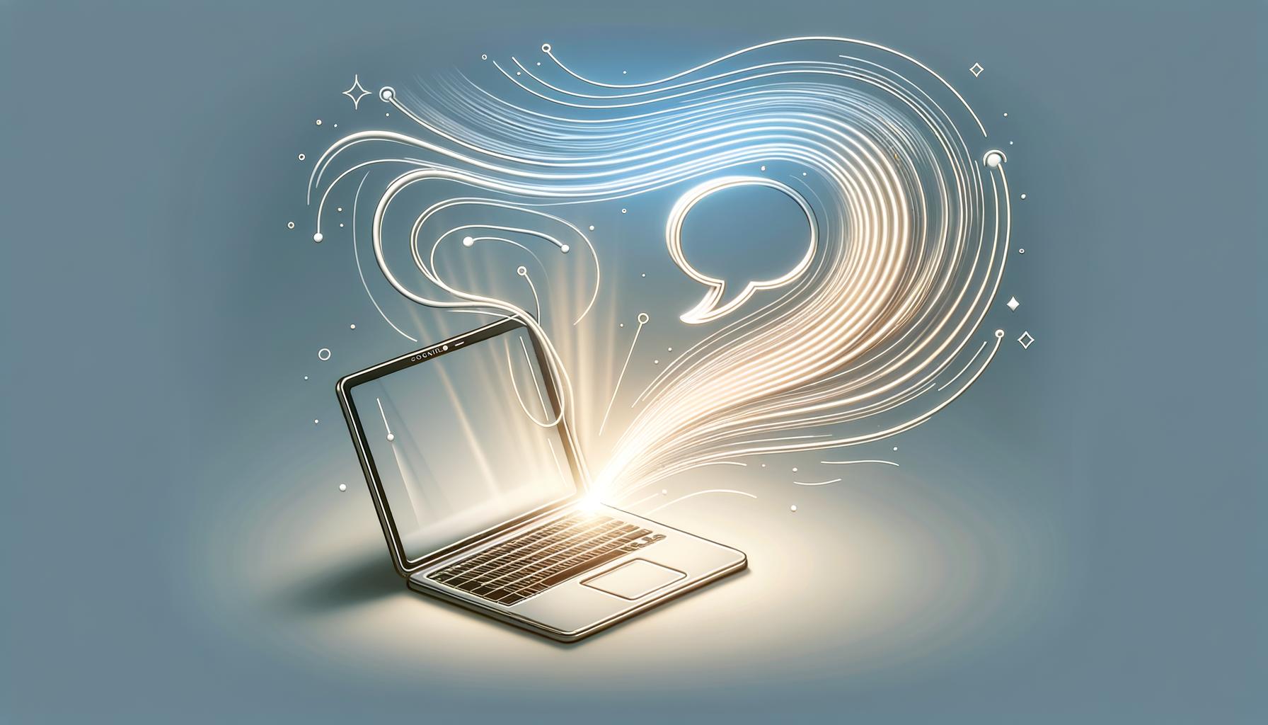 Minimalist laptop and speech bubble connected by an arc on a light gradient background symbolizing engineering communication