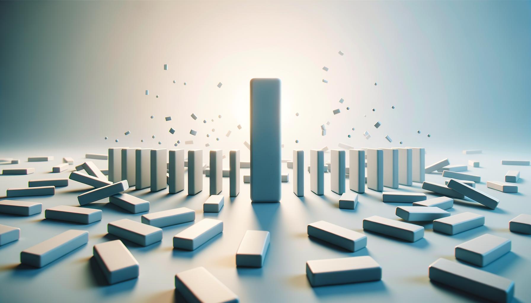 A single upright domino among fallen dominoes on a soft gradient background