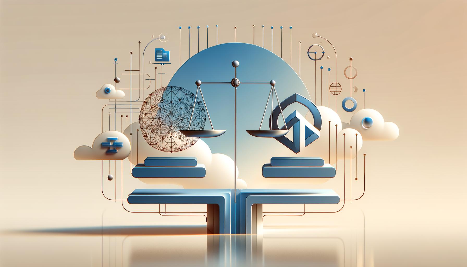 Minimalist digital illustration of an abstract bridge connecting technology and ethics over a light background