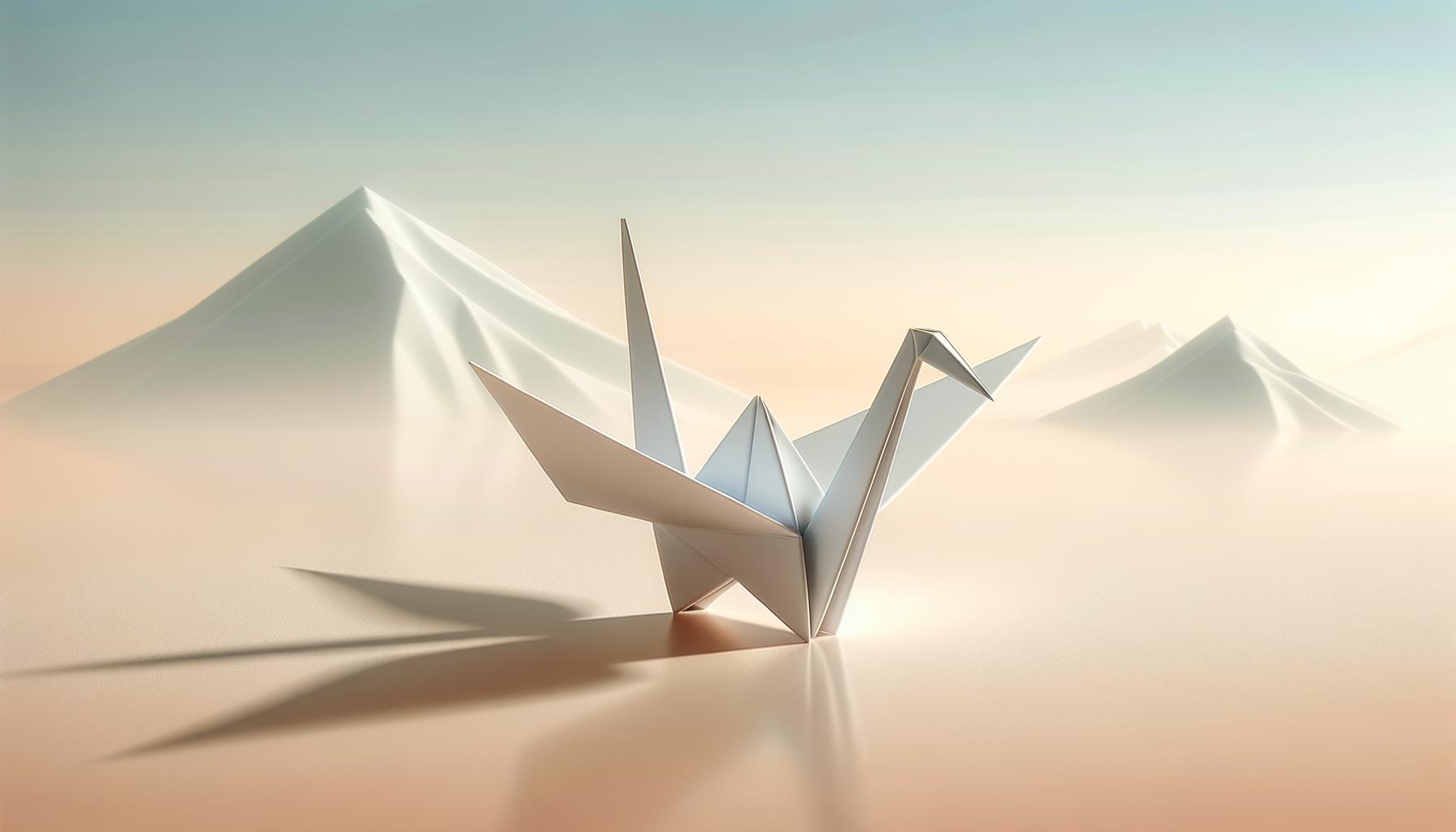 A white origami crane and soft mountain silhouettes on a light minimalist background symbolizing reflection and leadership