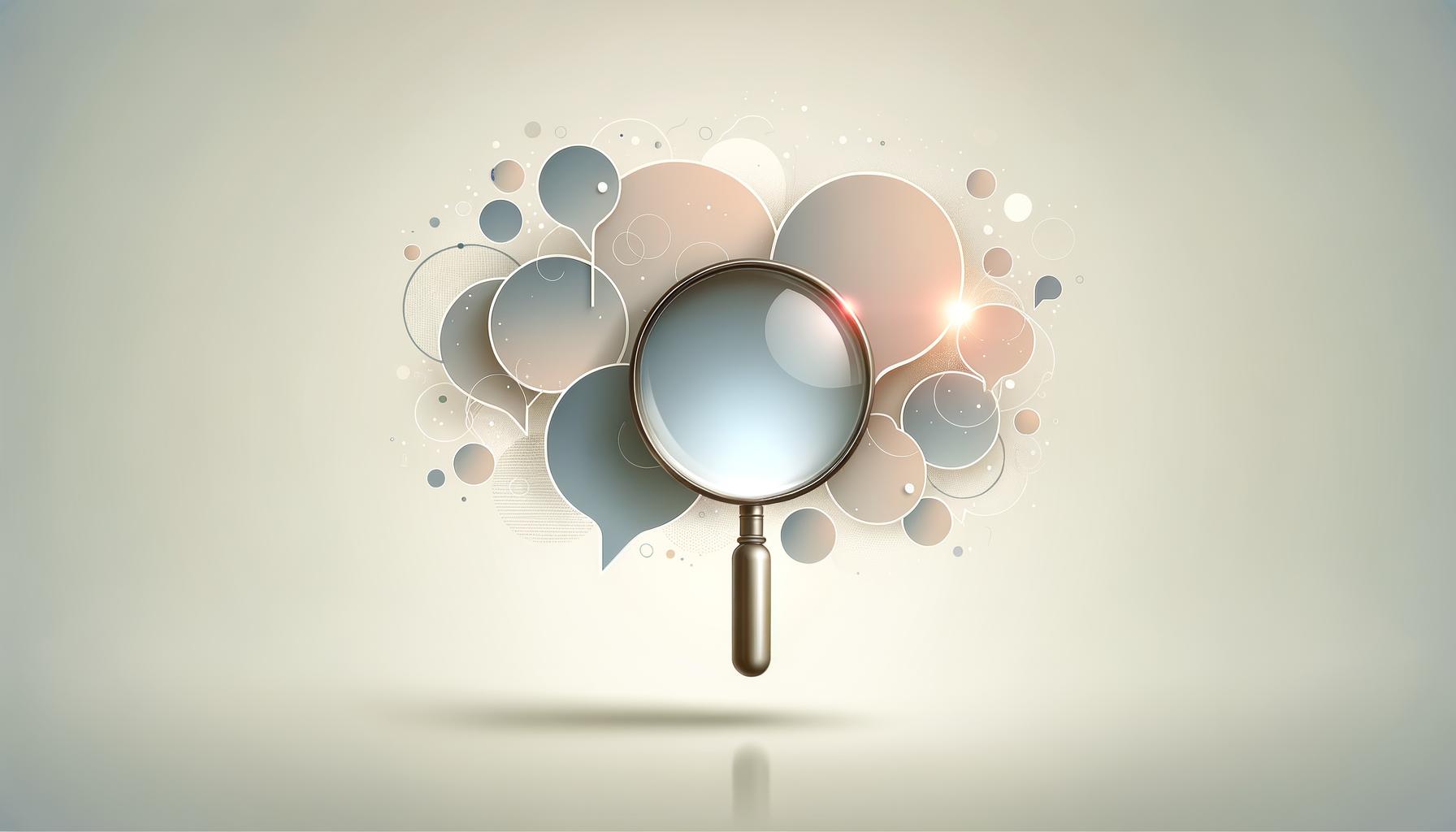 A magnifying glass hovers over abstract speech bubbles on a light minimalist background