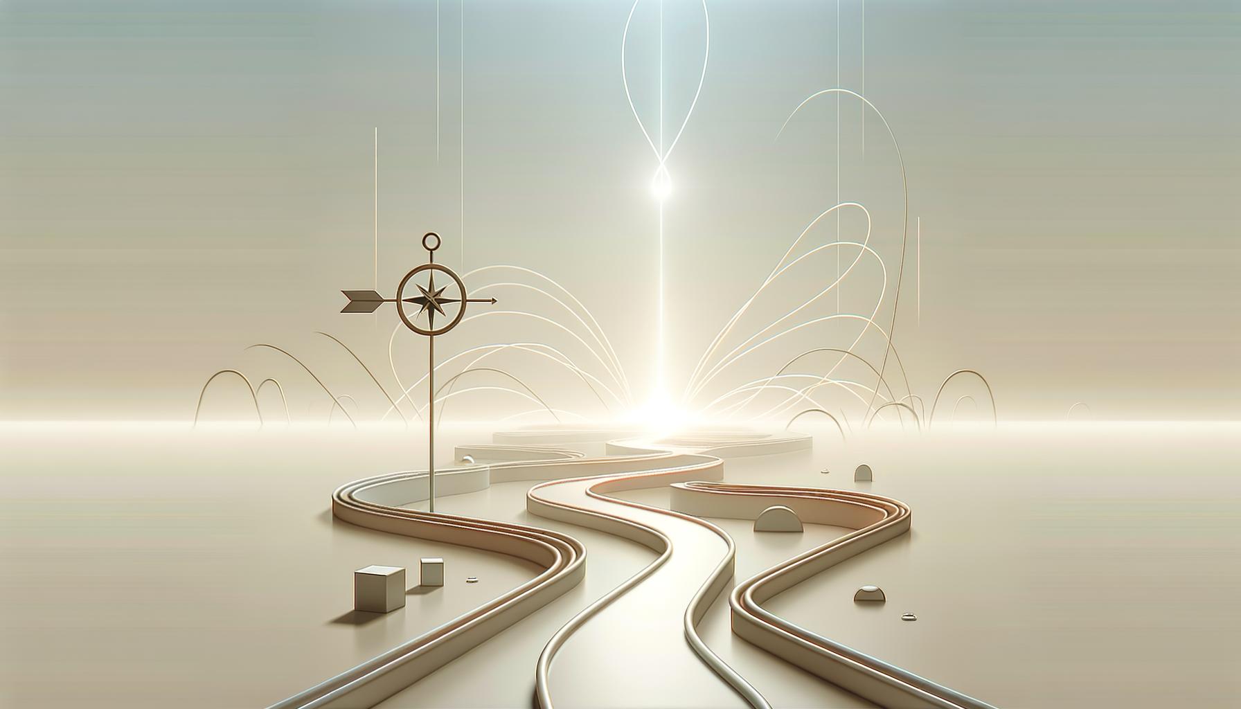Minimalist illustration of a glowing geometric path with a compass and rising arc symbolizing story driven engineering decisions