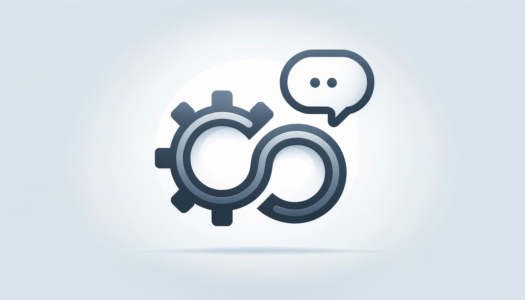 Minimalist illustration of a gear and speech bubble interlocking on a light spacious background