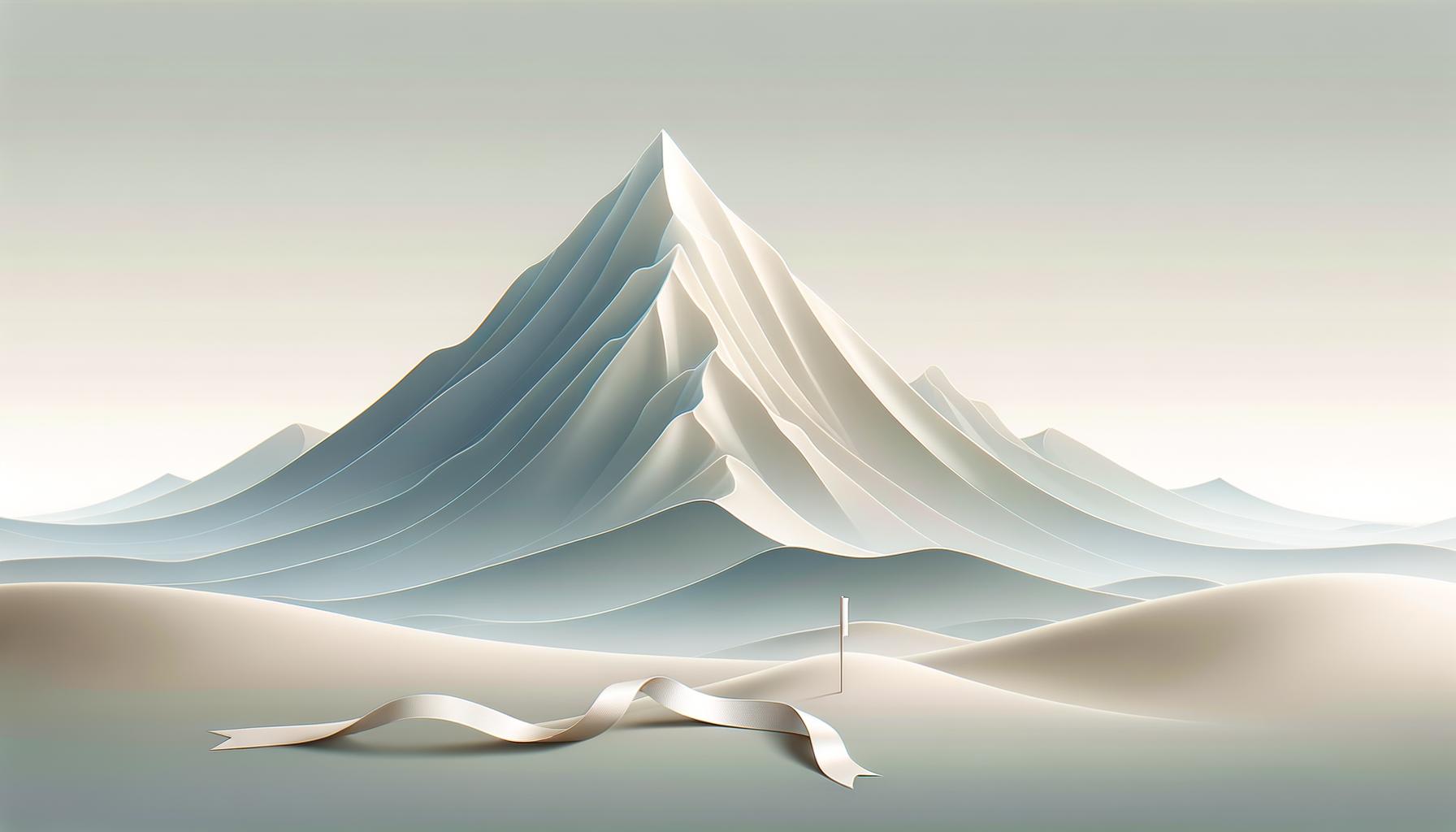Minimalist illustration of a mountain peak with a finish line ribbon symbolizing mastery and accomplishment