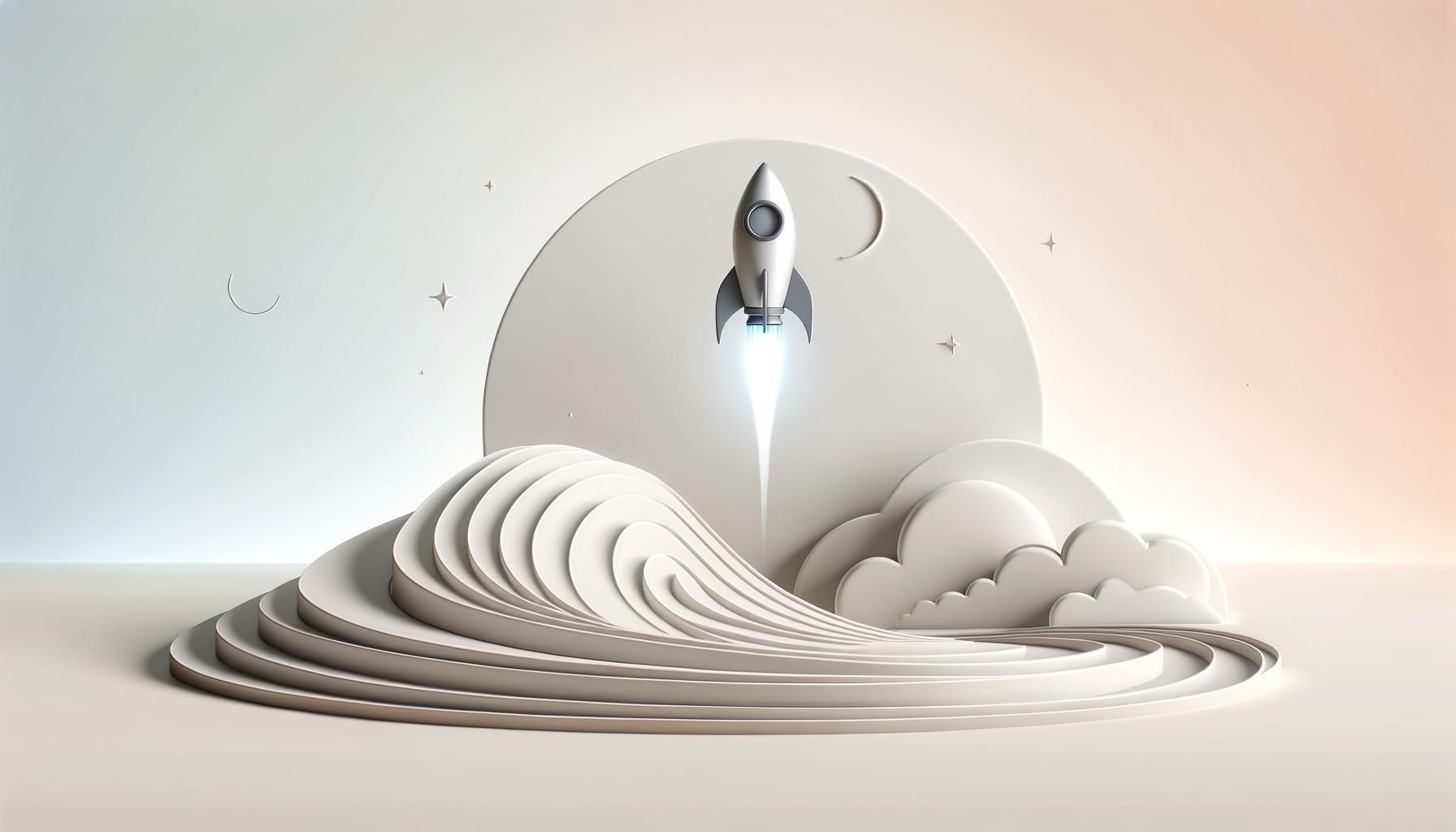 Minimalist rocket launching from an abstract ramp on a light background symbolizing engineering momentum