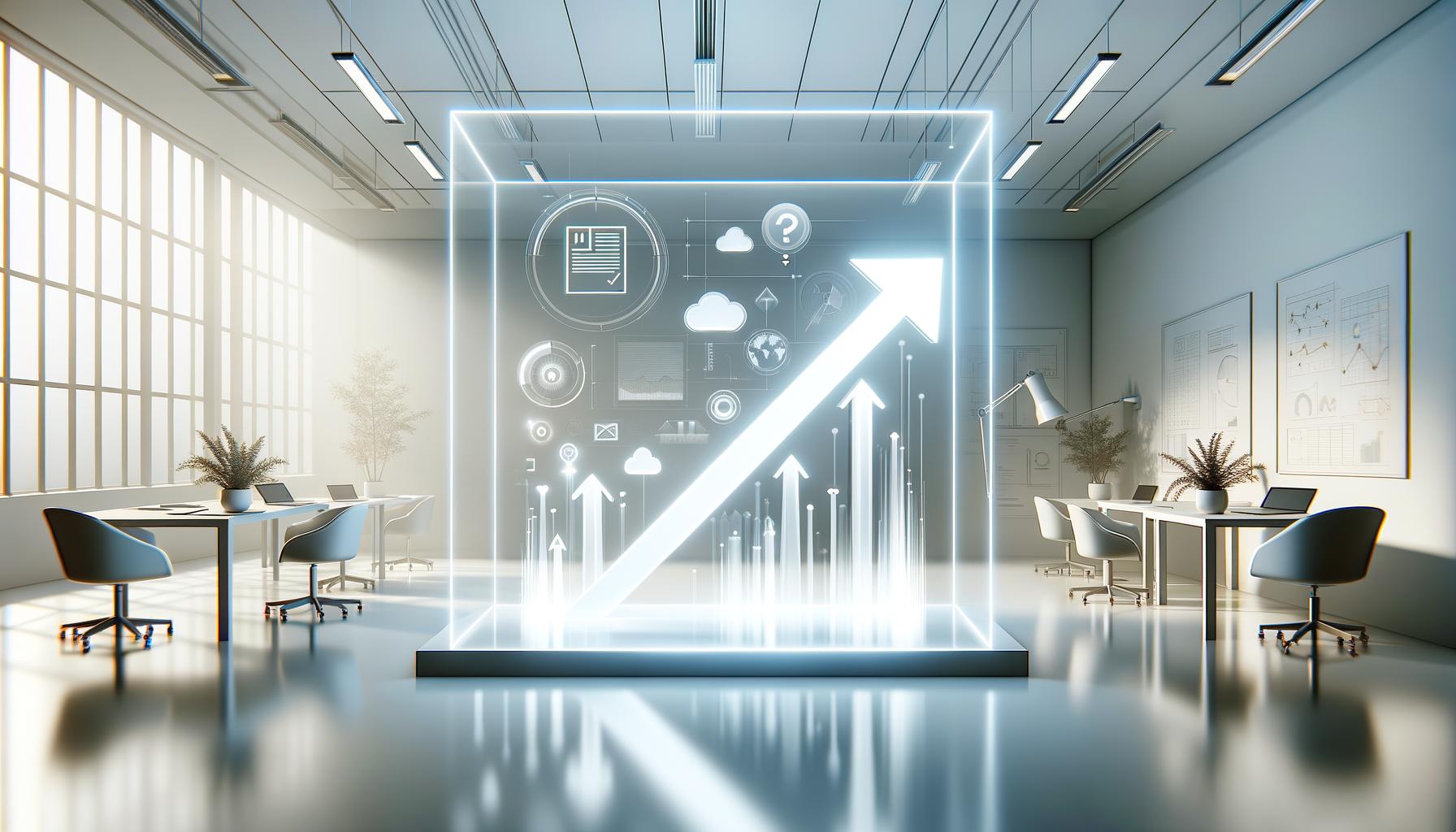 Minimalist illustration of a glowing progress bar and upward arrow on a clean workspace background