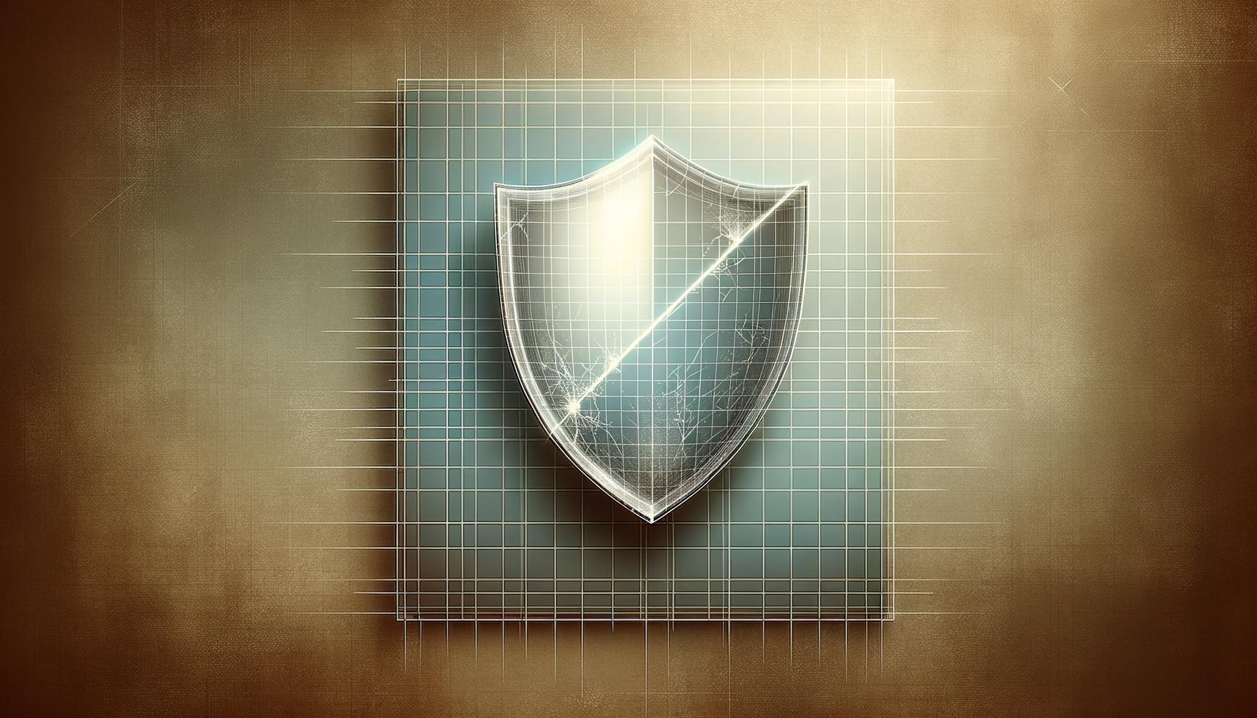 Minimalist illustration of a cracked transparent shield over a grid symbolizing hidden software risks