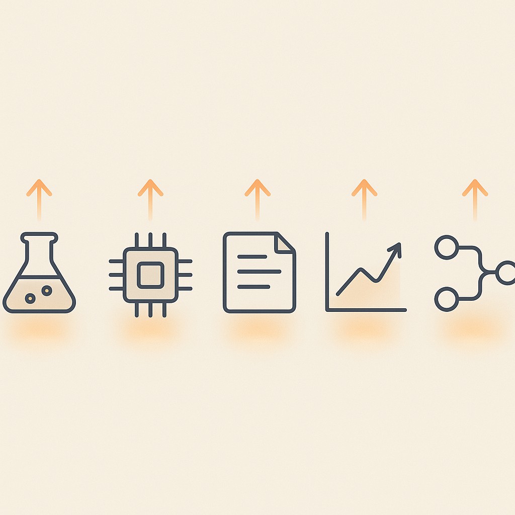 Illustration to accelerate engineering experiments with AI: five distinct experiment icons launching in parallel with symbols showing simultaneous action