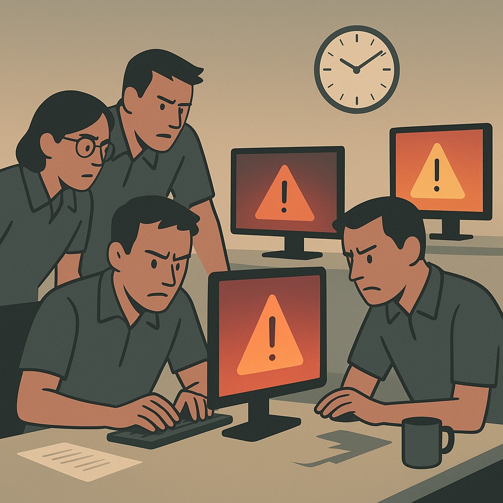 Stressed engineers responding to urgent platform alerts during an outage, underscoring the need to accelerate software delivery safely