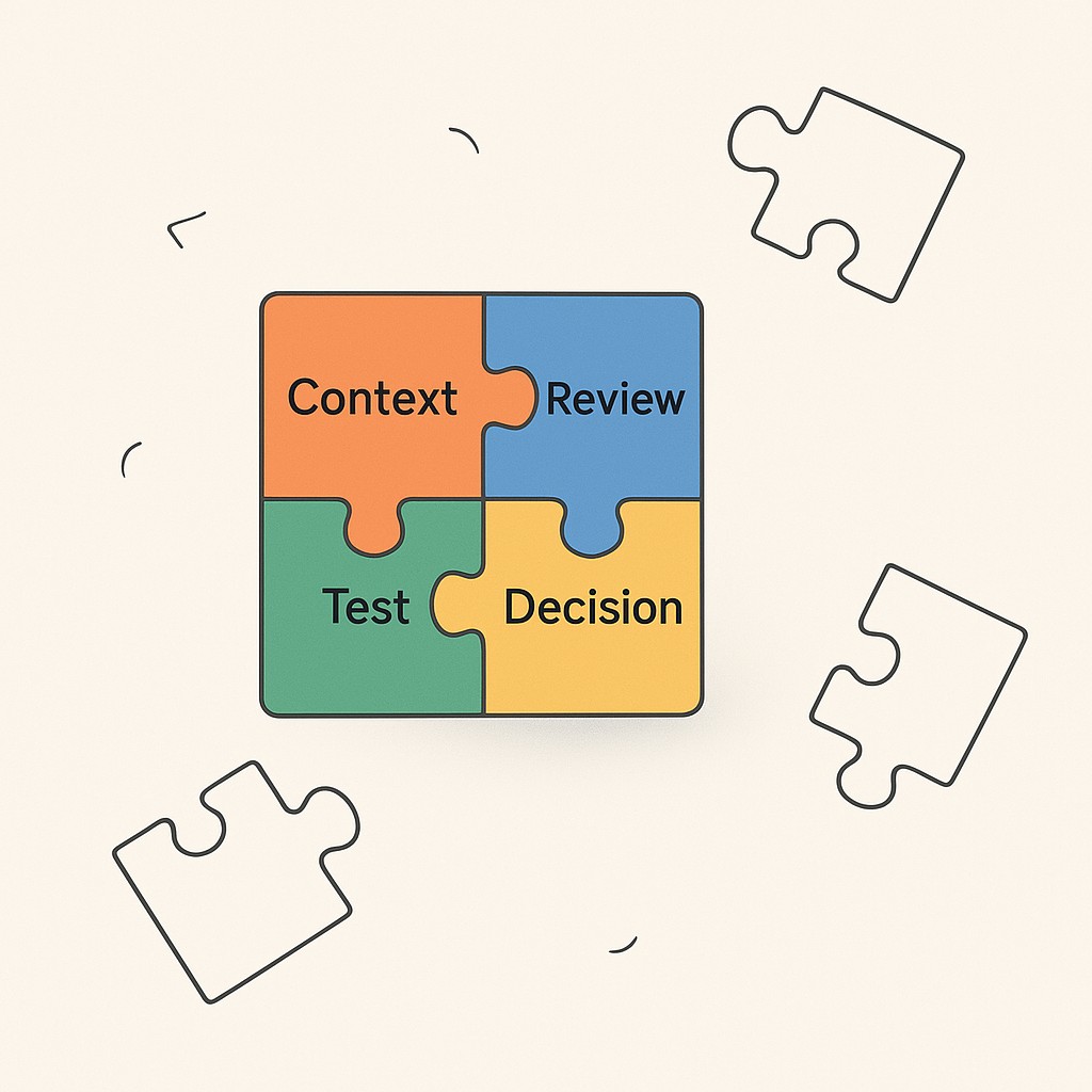 Colorful puzzle pieces labeled for each engineering step fit together in ordered sequence to accelerate software development with AI