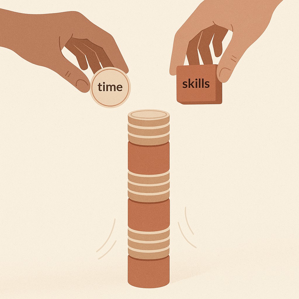 Hands stacking coins and colored blocks into a rising tower that symbolizes how you act on your values