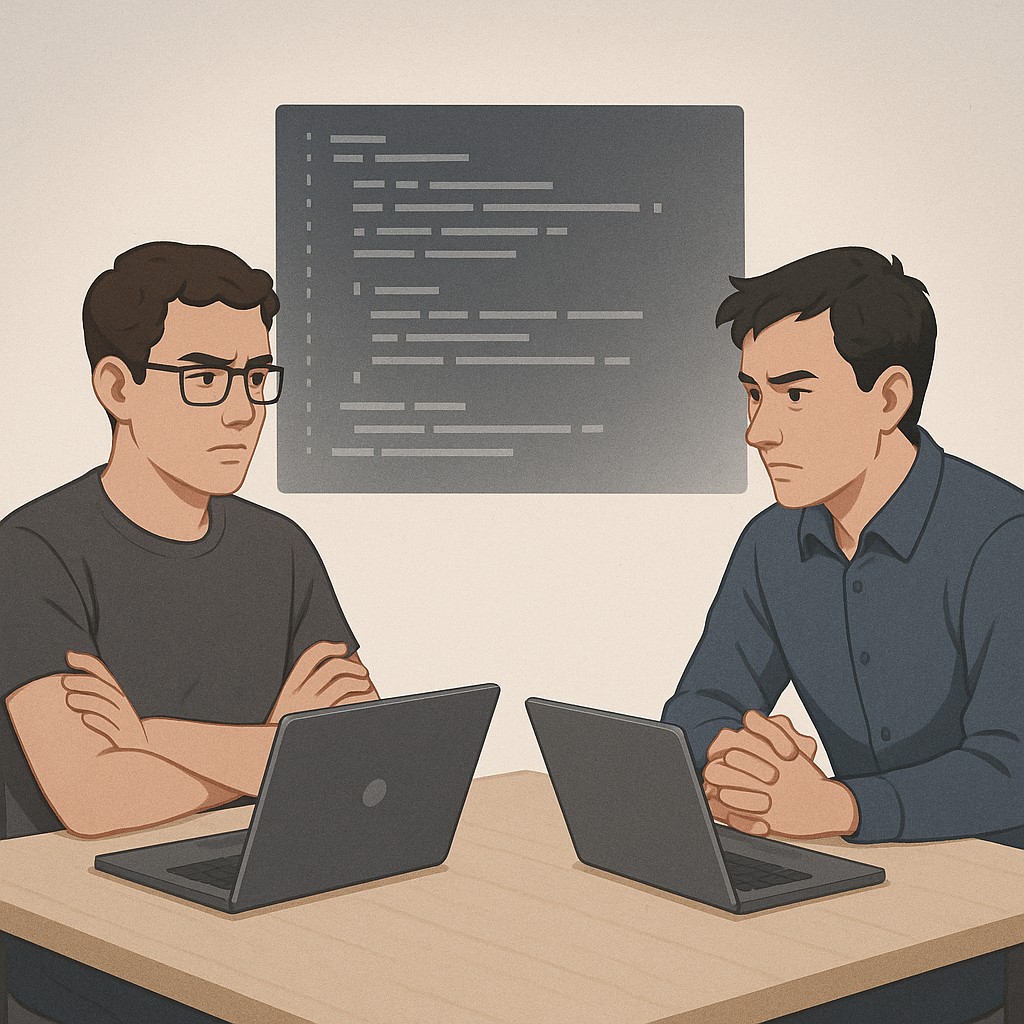 Two engineers in a code review, visibly tense, illustrating active listening in engineering feedback versus waiting to respond