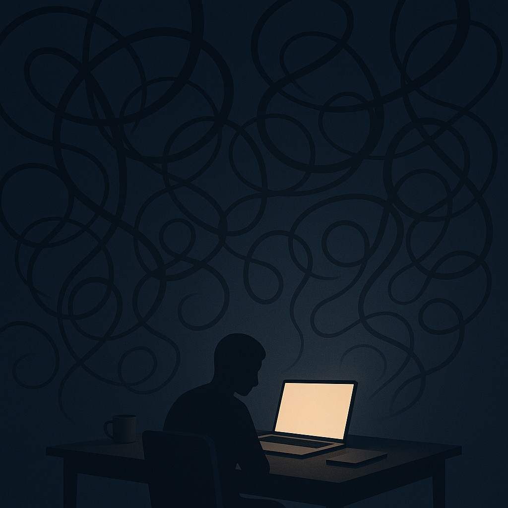 Night desk with open laptop; AI self coaching prompts calm the spiral as gentle light creates a calm spot