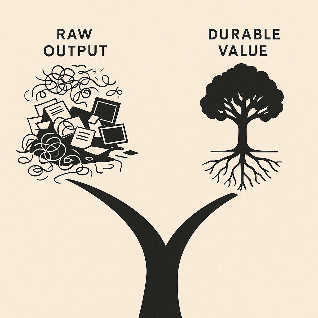 Forked path illustrating Align AI productivity with outcomes—cluttered output on one side and thriving tree with deep roots on the other
