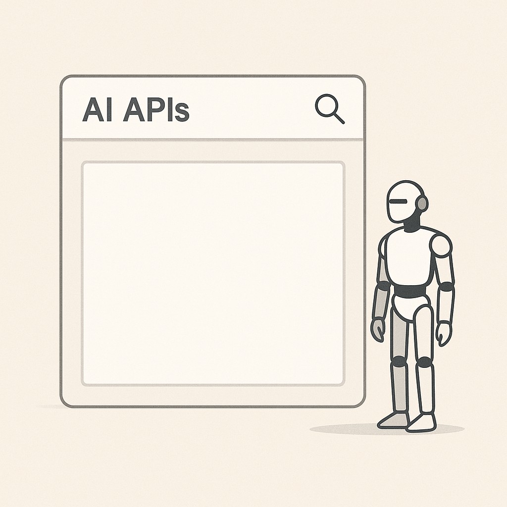 A robotic agent hesitates in front of a blank AI API search result panel, illustrating API design for AI agents