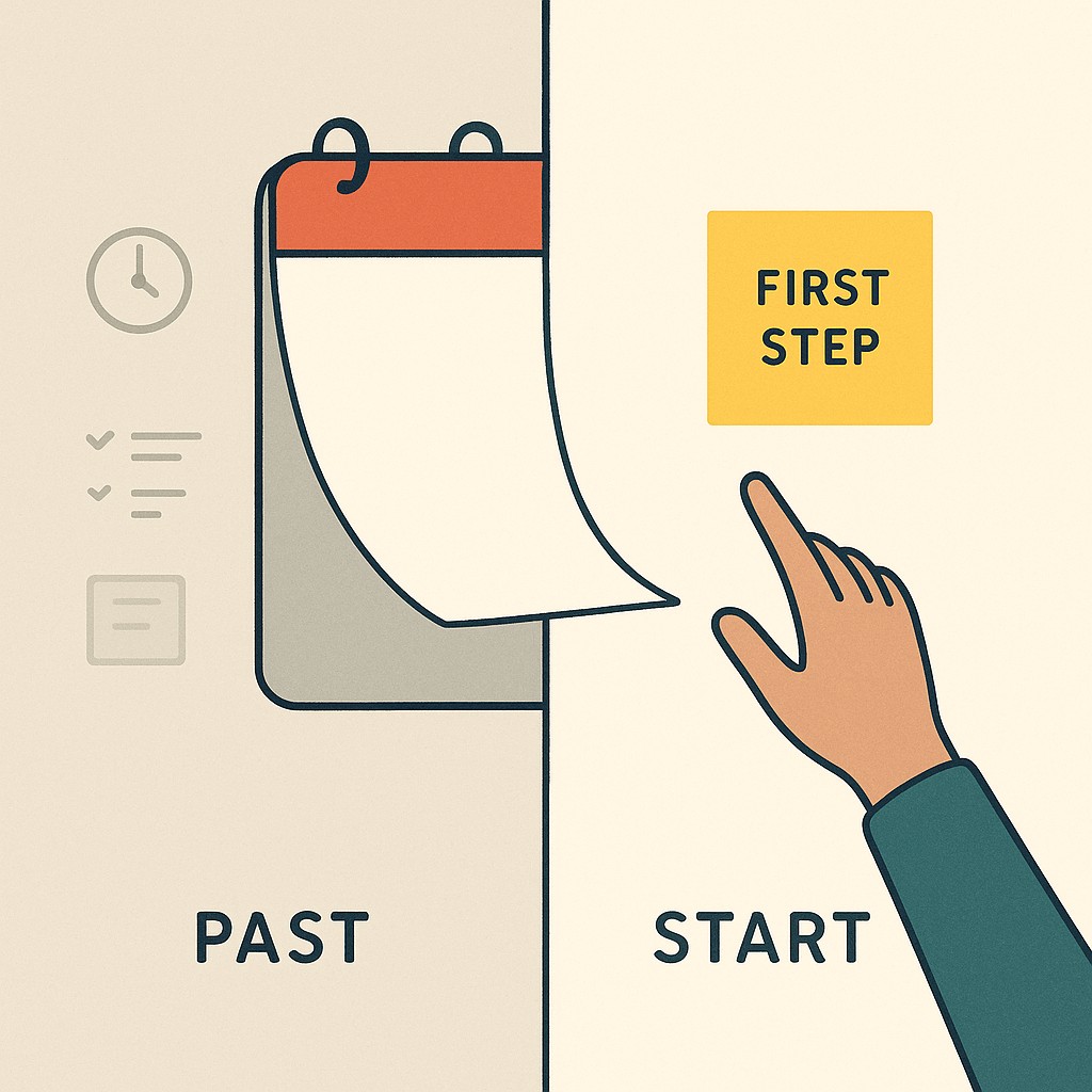 A bright line divides a turning calendar page, showing how to apply the fresh start effect by separating past tasks from a clear, inviting step forward