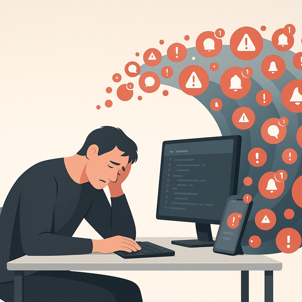 Exhausted engineer at desk surrounded by overflowing digital notifications and alerts illustrating attention management strategies for engineers