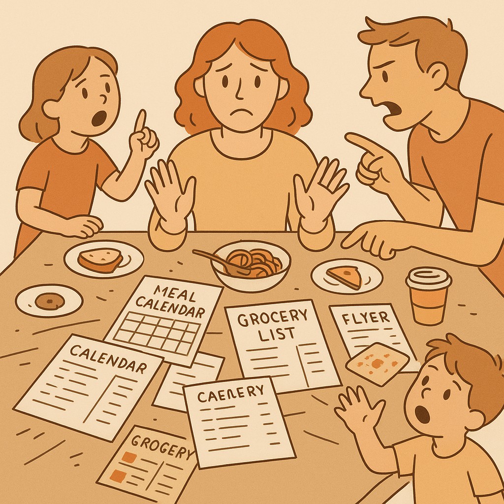 Messy family kitchen table with scattered lists, flyers, calendars, leftovers, and animated family members—showing how to automate repetitive tasks with AI