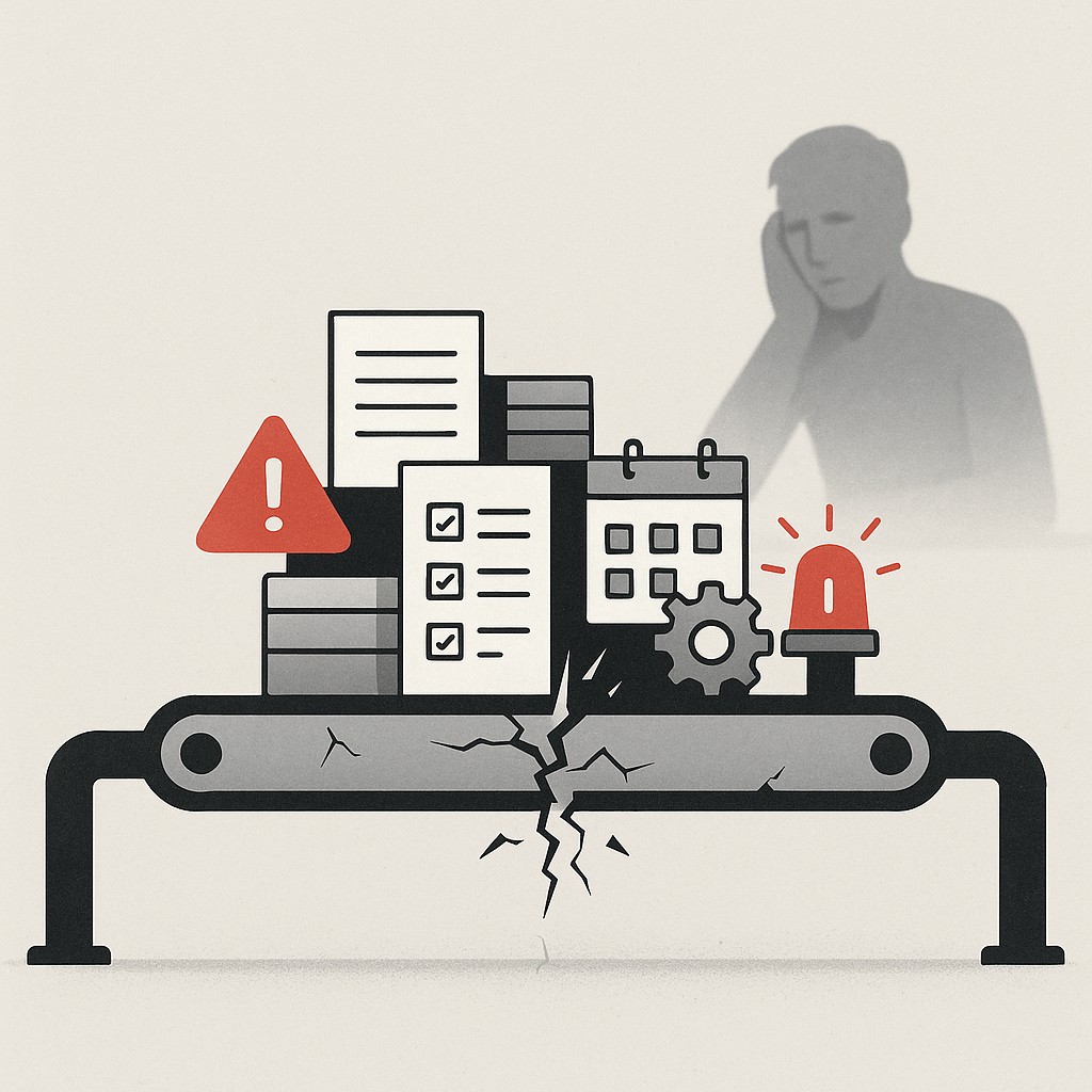 Overloaded conveyor belt with stacked items, warning lights, and stress cracks at pressure points—illustrating how to avoid burnout in toxic workplaces