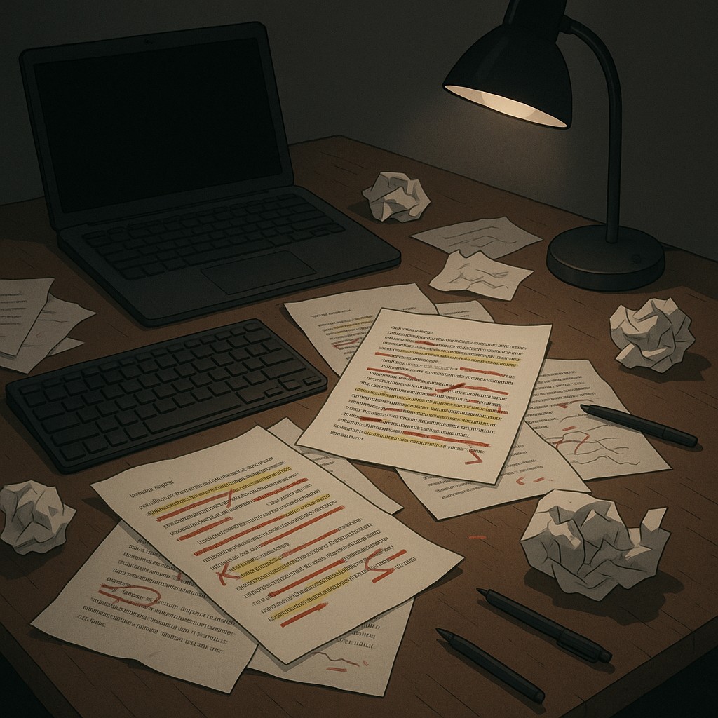 Chaotic desk littered with unfinished drafts and editing marks under a dim lamp, a reminder to avoid generic AI content