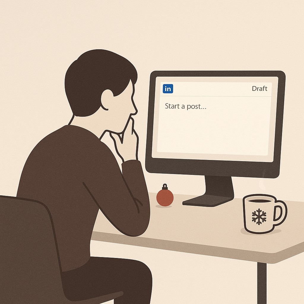 Individual at computer hesitating over LinkedIn post draft, reflecting on how to avoid projection bias, with subtle holiday cues nearby
