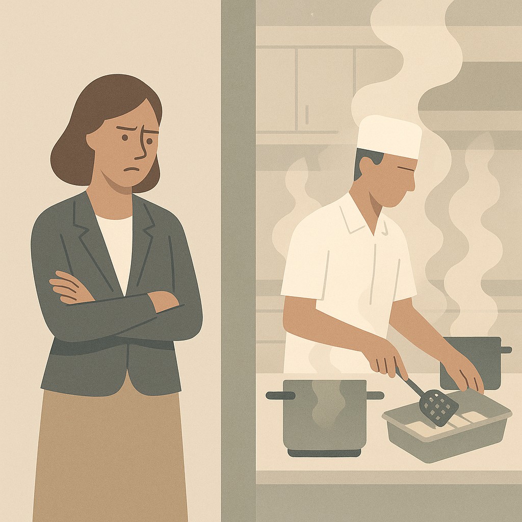 Cafeteria kitchen scene divided by steam, showing teacher's judgment and cook's quiet work—reminding us to Avoid snap judgments in tech
