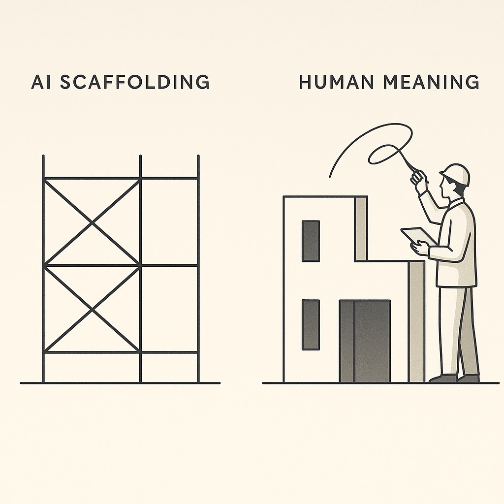 Balance AI and human writing illustrated: architect adding details to a scaffolded structure showing AI's framework beside human meaning