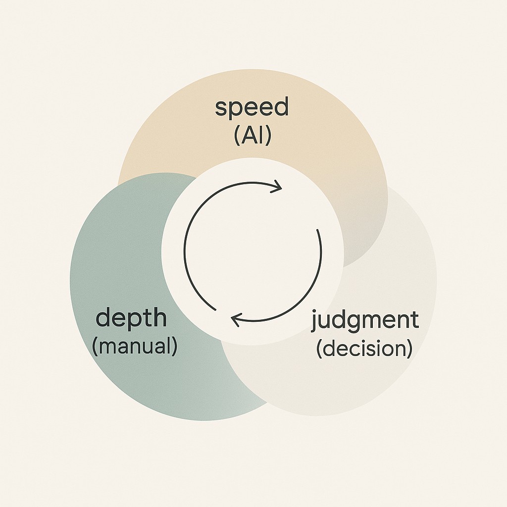 Three labeled circular segments forming a continuous cycle to balance AI and manual research: speed, depth, judgment