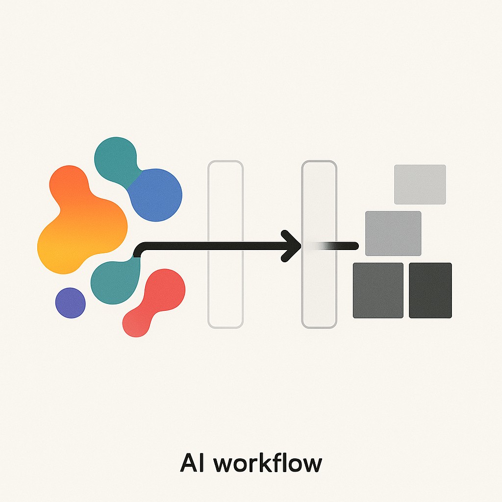 AI pipeline showing how to balance AI creativity and control—colorful creative shapes narrowing into ordered, structured forms with visible transition points