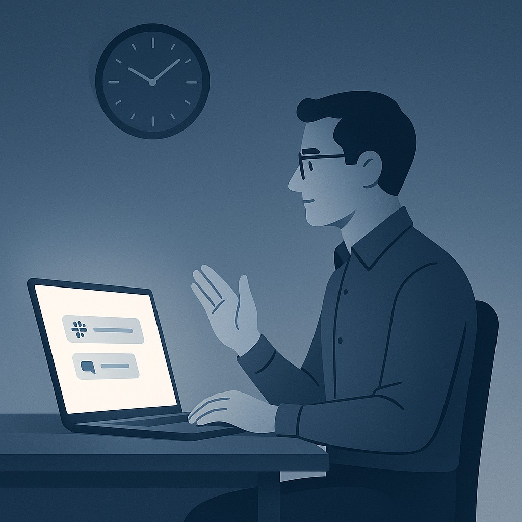 Boundary setting for engineering managers illustrated by an engineering manager at a laptop late at night, bright screen with Slack alerts and a clock showing midnight