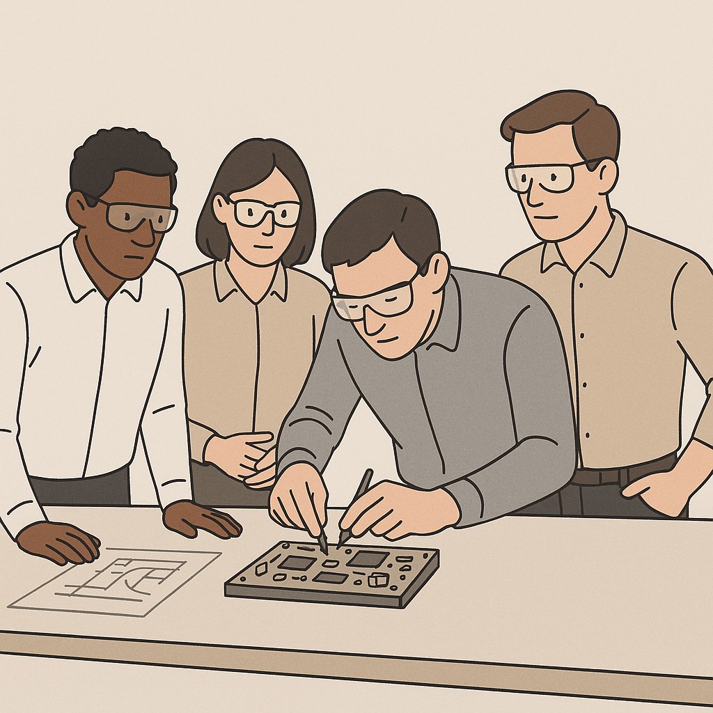 Engineers collaboratively making a focused adjustment to hardware on a clean workbench as they break down complex problems