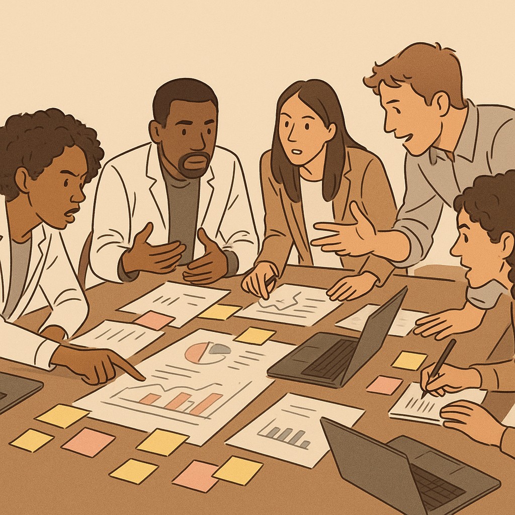 Build adaptable engineering teams: varied backgrounds collaborating at a shared table with scattered notes and laptops