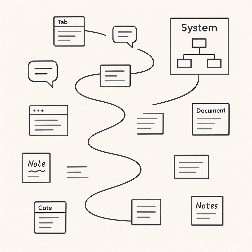 Trail of scattered research items ending at a central system diagram to build AI-first system design interview