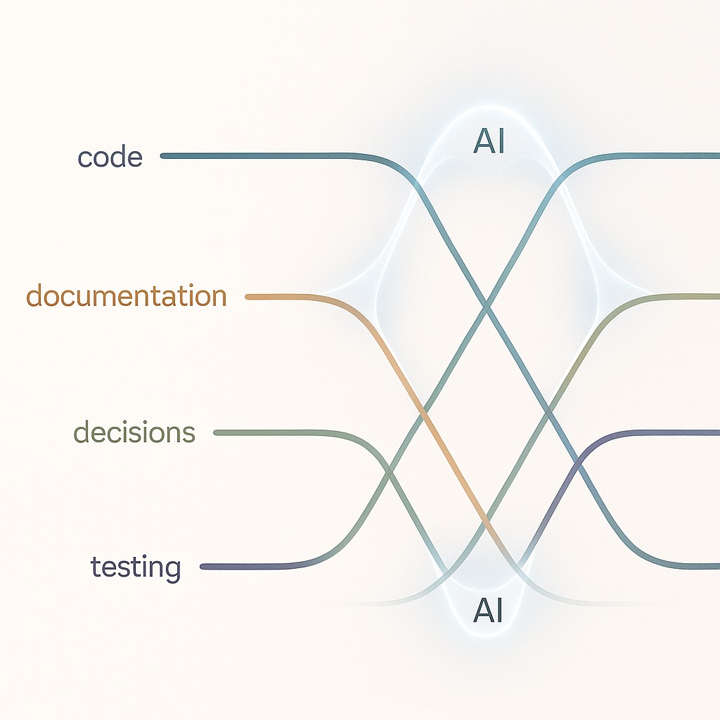 Interwoven threads for code, docs, decisions, and tests, connected by luminous AI bridges to build AI software engineering workflows