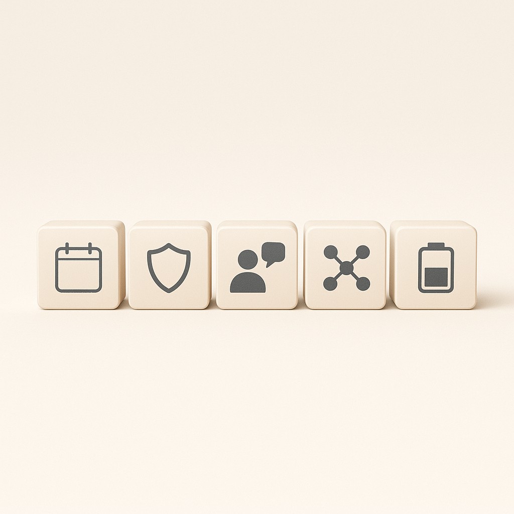 Five minimalist blocks showing icons for key productivity habits in a clean and modern layout to build consistent productivity habits
