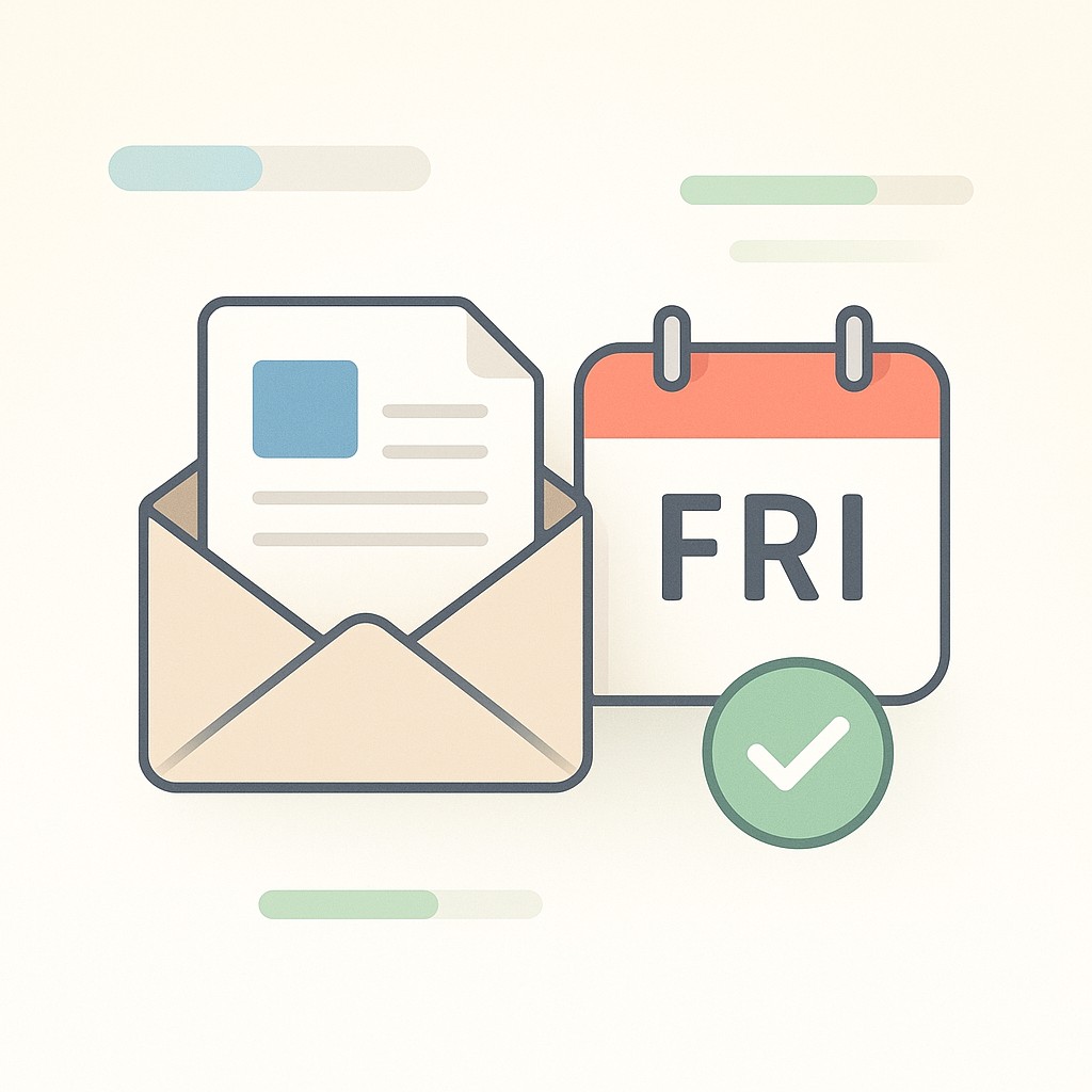 Digital report arriving in an inbox with automation icons and a Friday calendar page, illustrating how to build credibility through execution