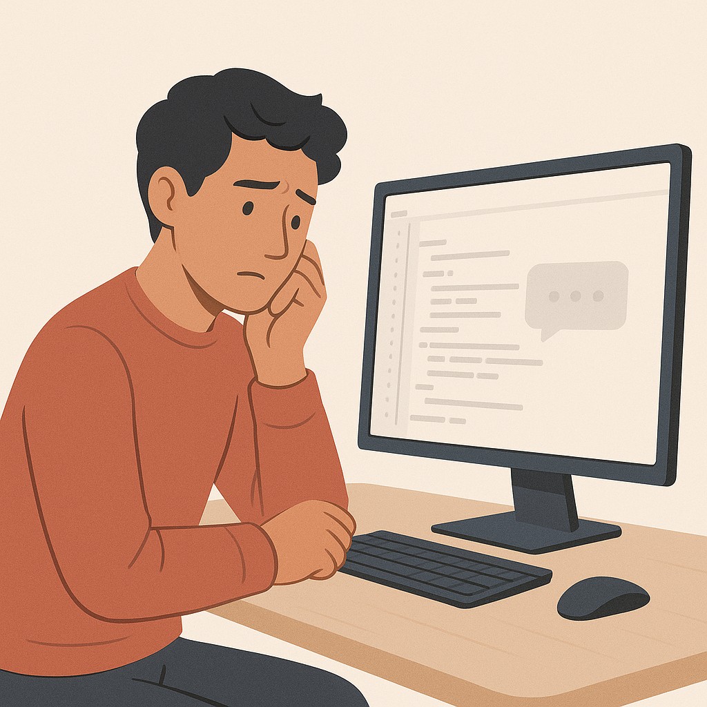 Developer hesitates at code review while trying to build a culture of feedback, with a muted comment bubble and subtle concern
