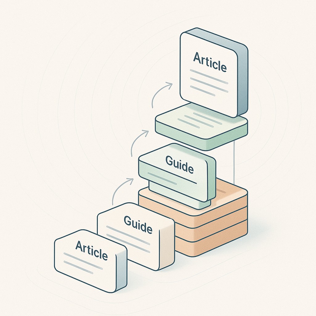 Blocks representing articles and guides interconnected to build evergreen content library with subtle linking arrows