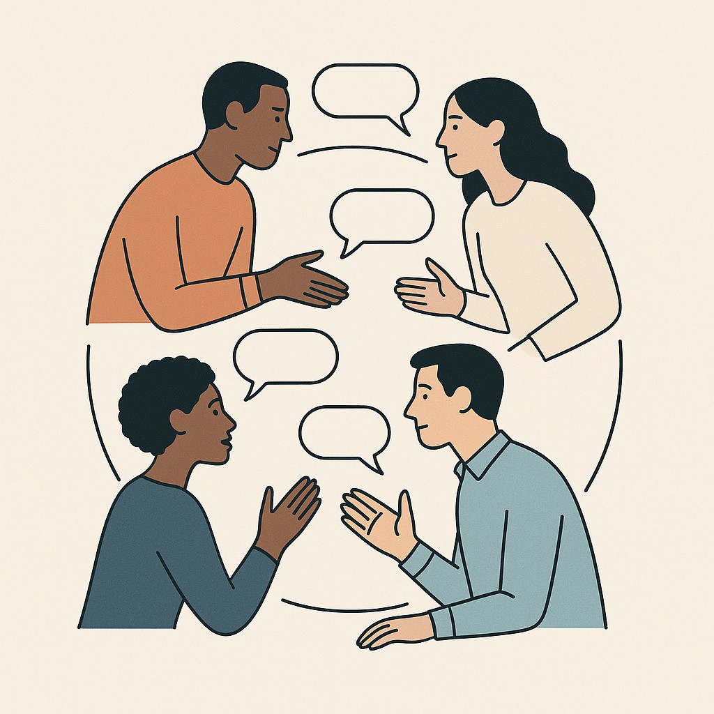 Diverse team exchanging feedback in a visible looped pattern to build a feedback culture