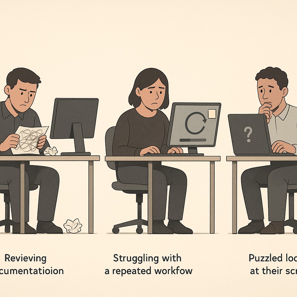 Three engineers at separate desks facing similar workflow frustrations as they build internal tools without tickets