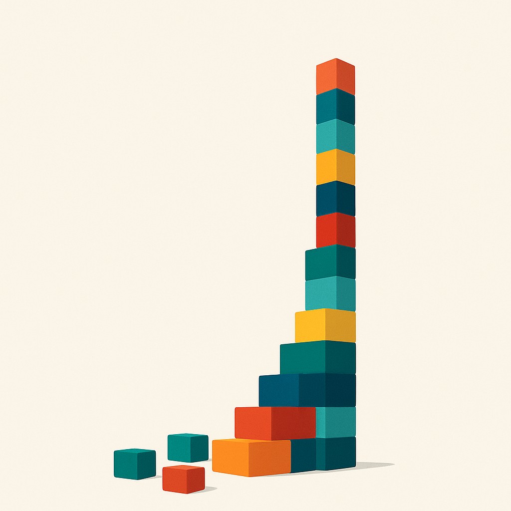 Stack of colorful blocks that build momentum with small wins into a tall tower