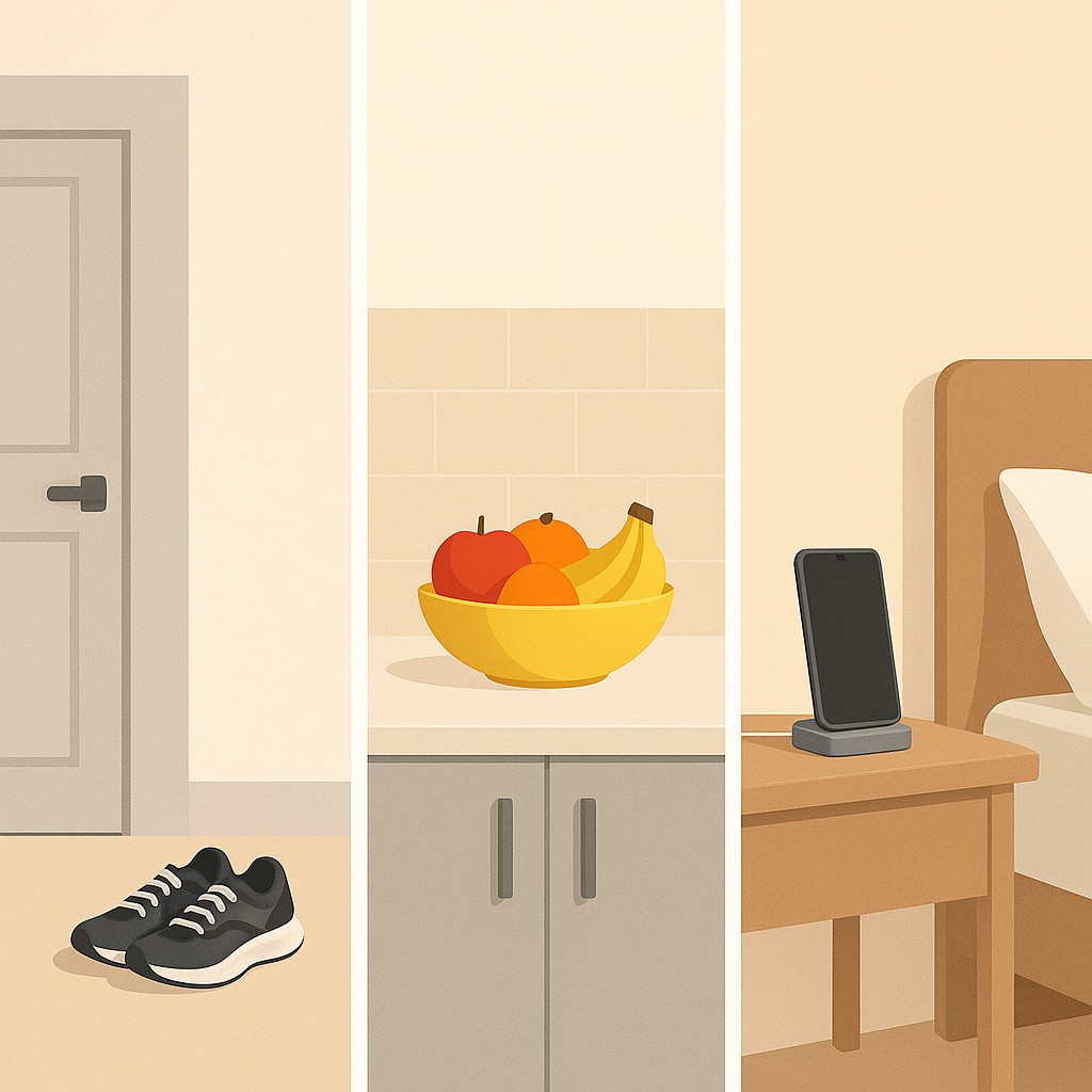 Visual cues to build reliable habits for developers: running shoes by a door, fruit bowl on a tidy counter, and phone dock away from a bed