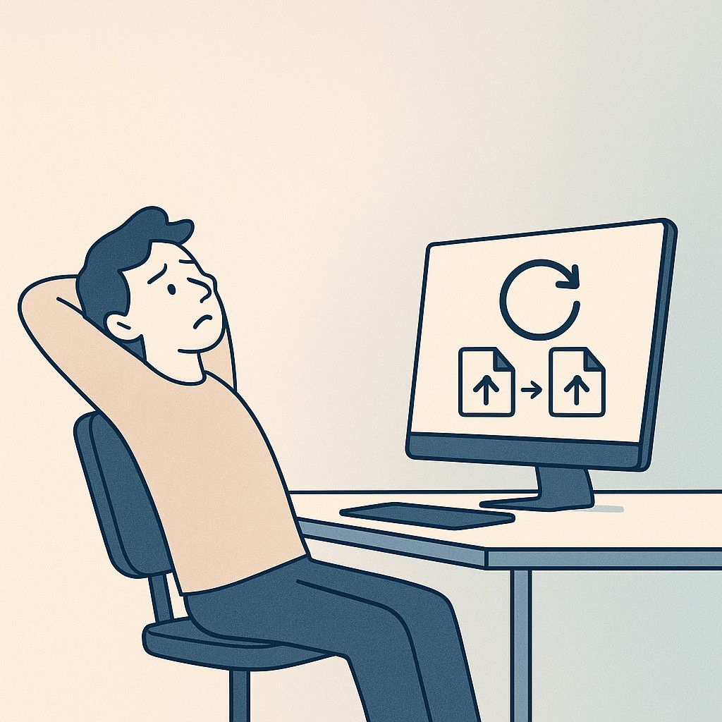 Person at computer looking frustrated while trying to build reusable GPT assistants, having to repeatedly re-upload files