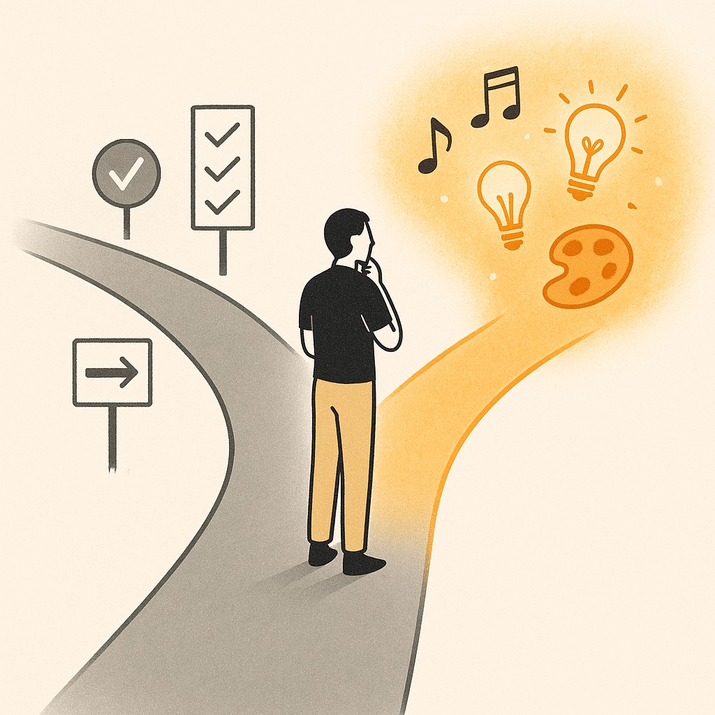 Person at a crossroads choosing between standardized formulas and glowing creative inspiration, choosing to build software you believe in