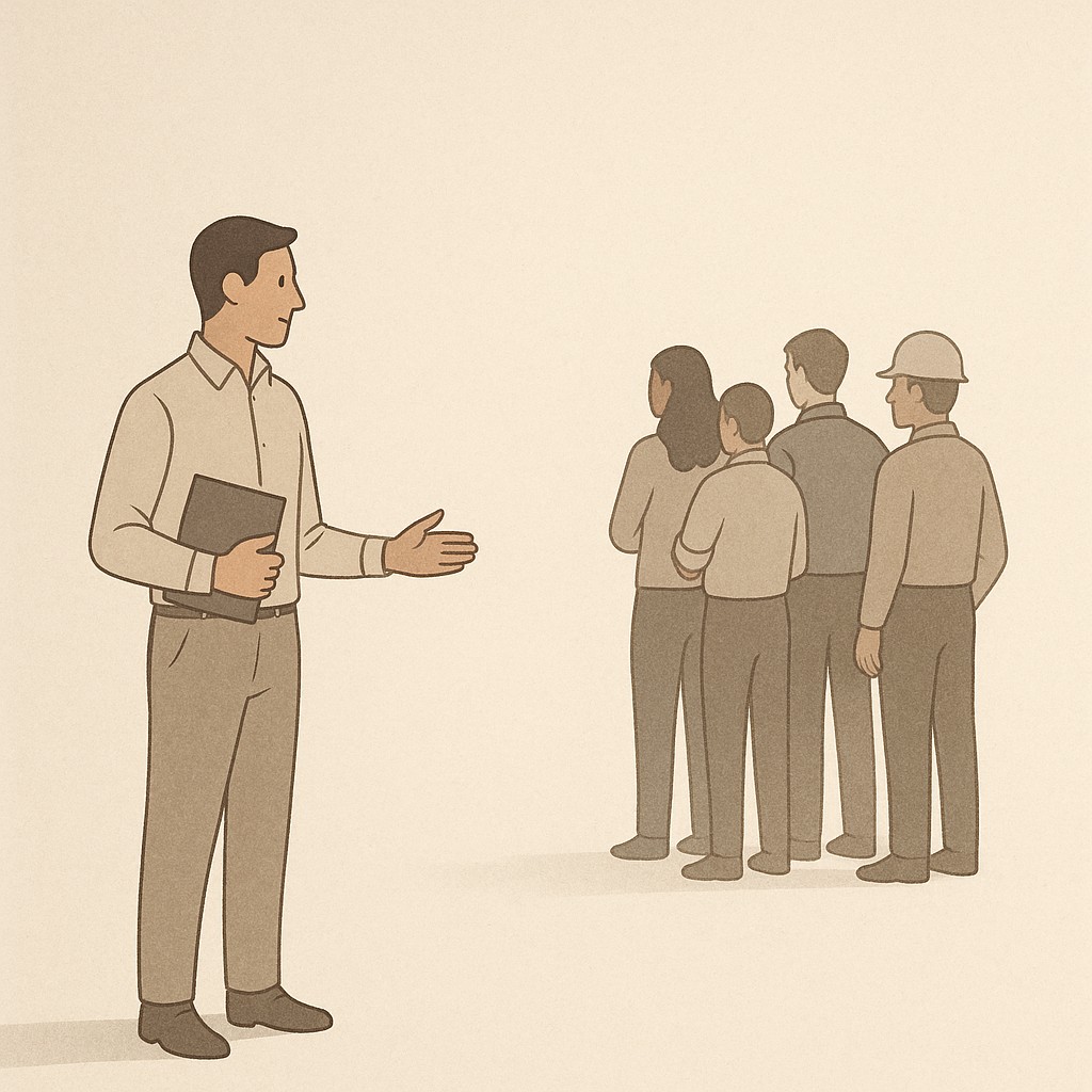 Leader modeling behaviors to build trust in engineering teams, standing apart with a visible emotional gap and cautious body language