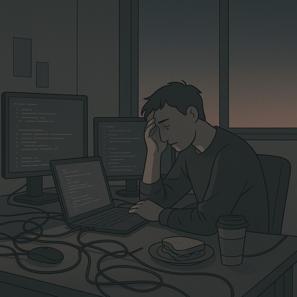 Burnout prevention for software engineers illustrated: tired engineer sits at cluttered desk in muted lighting with half-eaten lunch and tangled cords